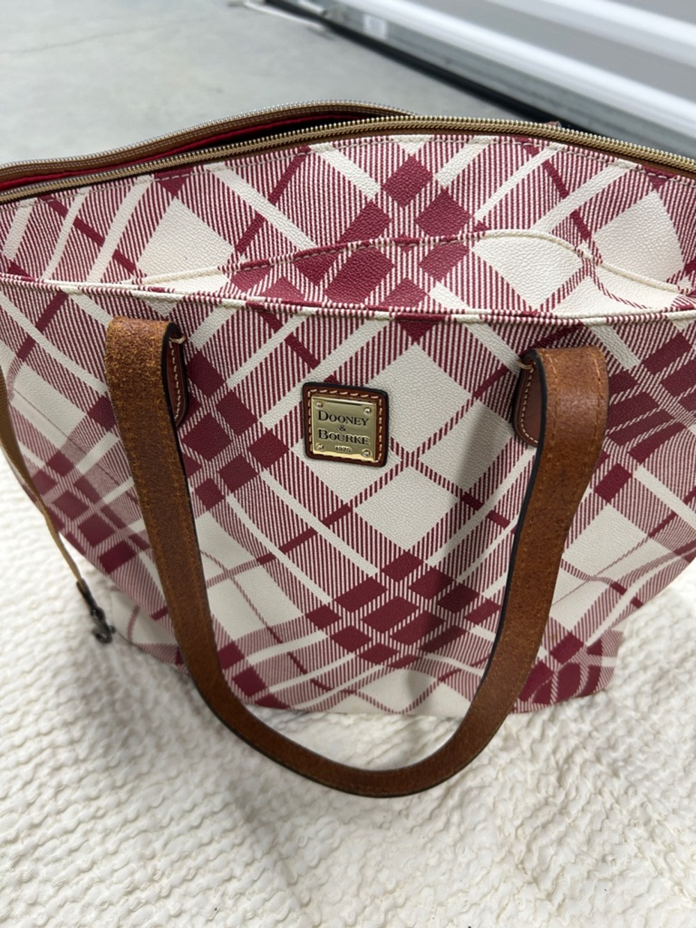 Dooney & Bourke Cream and Burgundy Plaid Tote with Brown Leather Handles